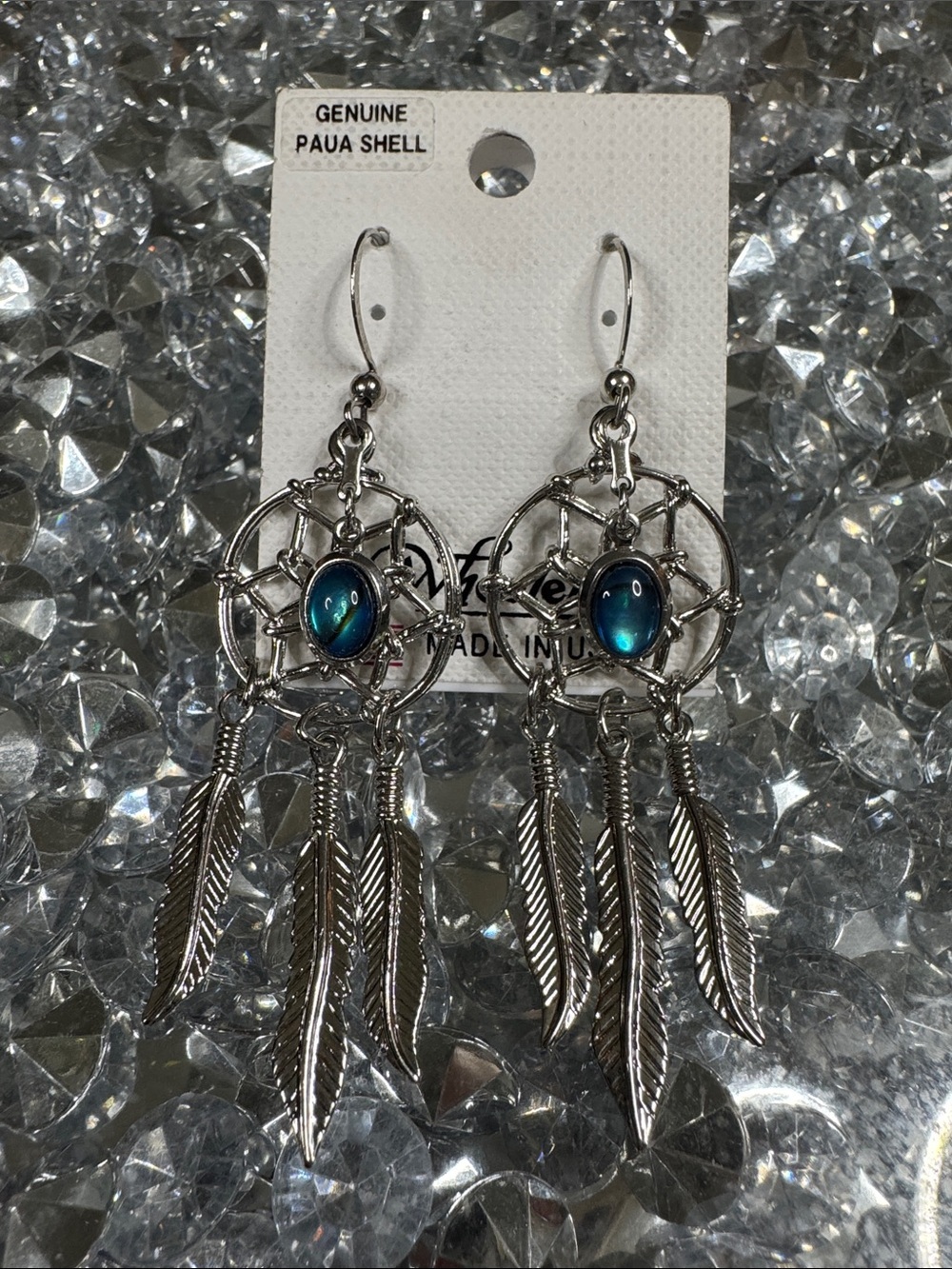 Dreamcatcher Feather Dangle Puau  shell Earrings - Blue NWT